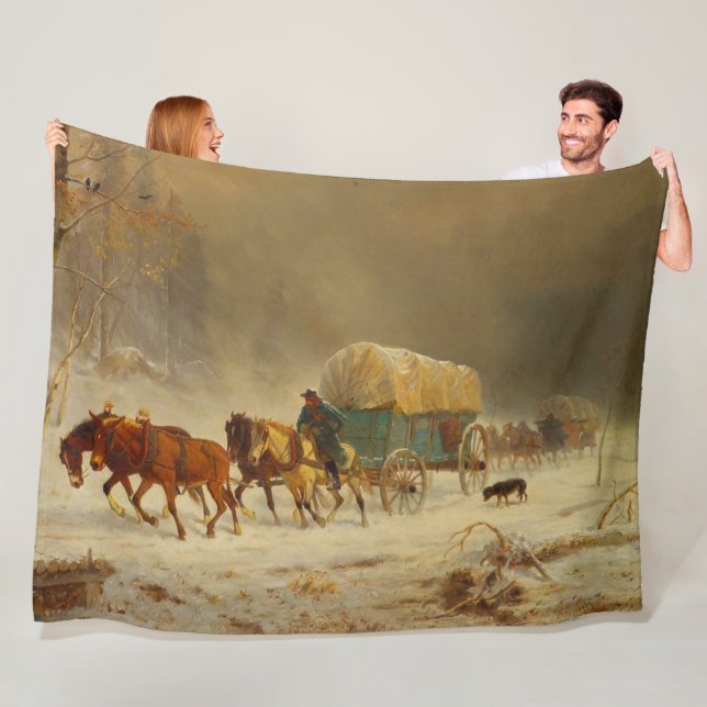 Pioniere, die einem Schneesturm trotzen und Zuhaus Fleecedecke (Beispiel)