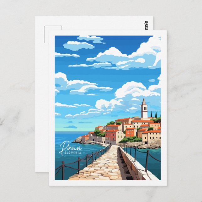 Piran Slovenien Vintage Place Illustration Postkarte (Vorne/Hinten)