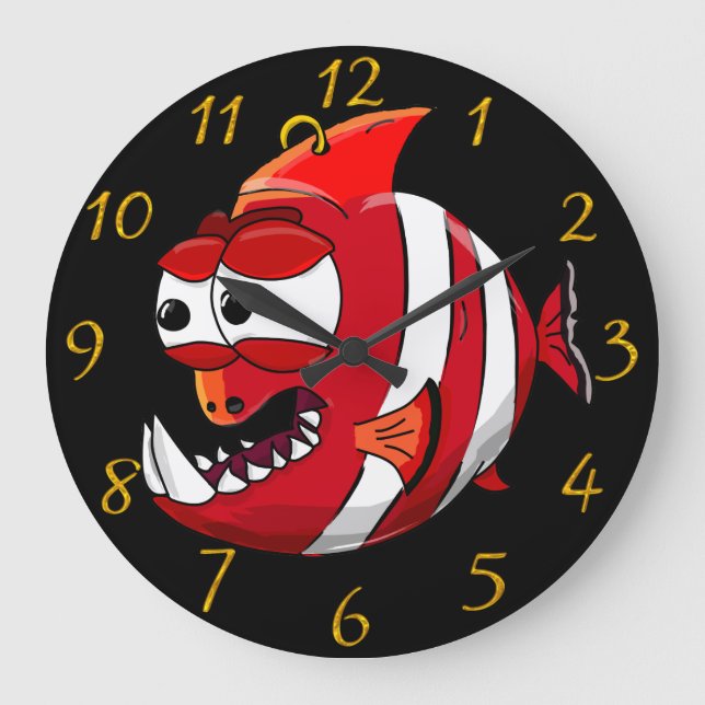 Piranha-Cartoon Große Wanduhr (Vorderseite)