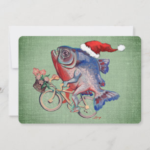 Piranha Reiten eines Fahrrads mit Weihnachtsmannmü Feiertagskarte
