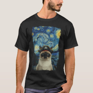 Pirat Katze in Van Gogh Sternennacht Lustig T-Shirt