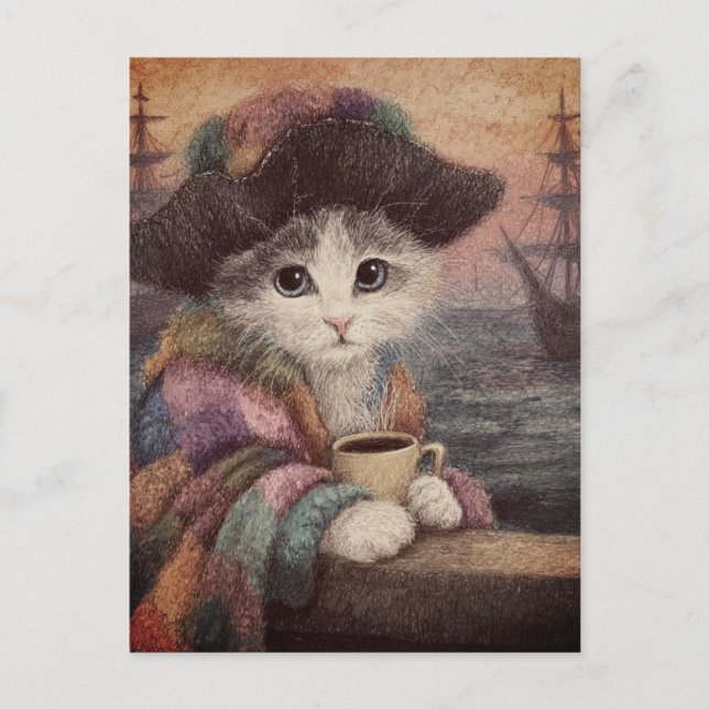 Pirat Katze mit einem Kaffee Postkarte (Vorderseite)