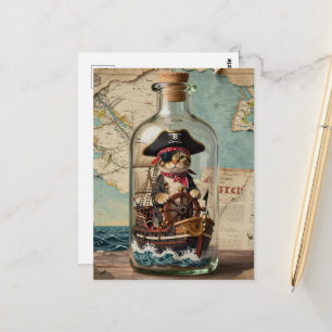 Pirat Kitty in einem Schiff in einer Flasche Postkarte