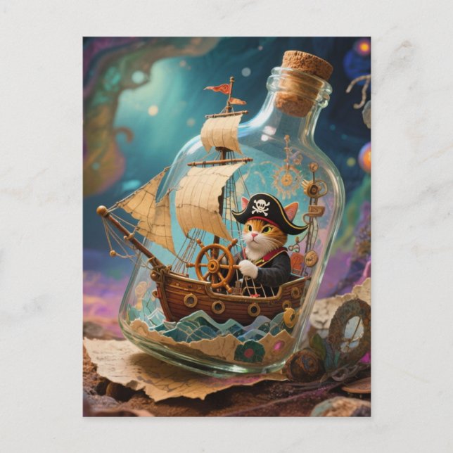 Pirat Kitty in einer Flasche Postkarte (Vorderseite)