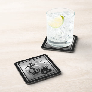 Pirat Ship & Anchor Black Silhouette Coasters 2 Untersetzer
