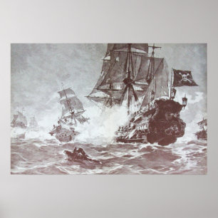 PIRAT SHIP BATTLE IN BLACK AND WHITE POSTER