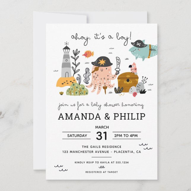 Pirate Baby Shower Ahoy Es ist ein Junge Einladung (Vorderseite)