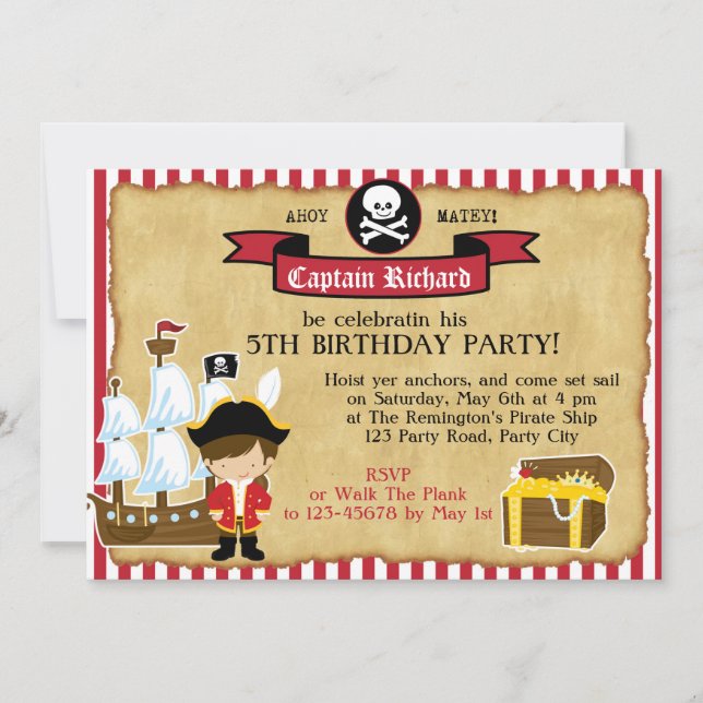 Pirate Birthday Einladung (mit Schiff & Karte) (Vorderseite)