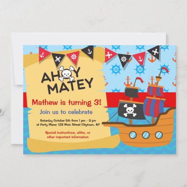 Pirate Birthday Party, Ahoy Matey Einladung (Vorderseite)