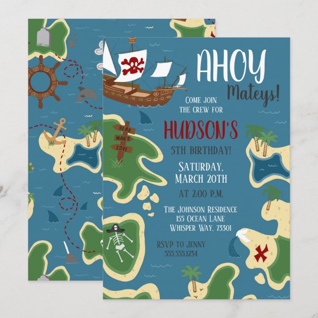 Pirate Birthday Treasure Map Blue Einladung (Vorne/Hinten)