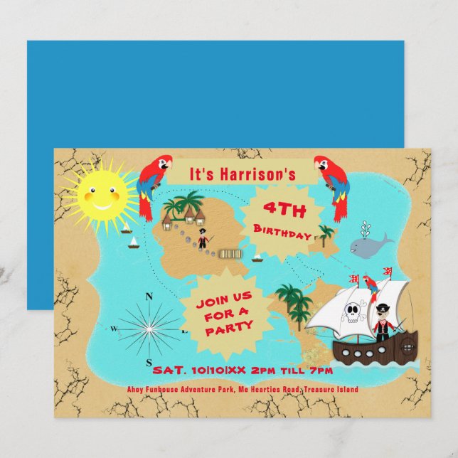 Pirate Birthday Treasure Map Schiff Niedlich  Einladung (Vorne/Hinten)