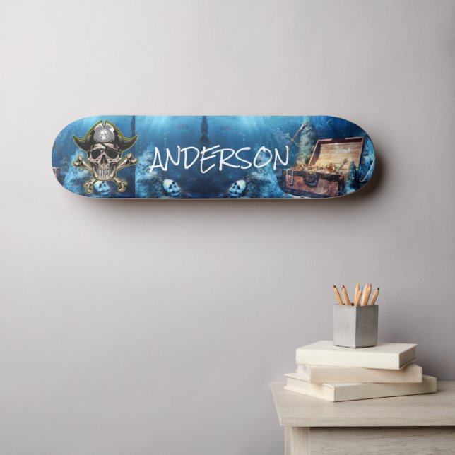 Pirate Blue Skull & Cross Schwerter Personalisiert Skateboard (Wandkunst (Horz))