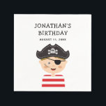 Pirate Boy Birthday | Fun Kids Adventure Party Serviette<br><div class="desc">Erleben Sie mit dieser zum Geburtstag eines Piraten gehörenden Serviette ein abenteuerliches Erlebnis. Hier finden Sie eine spielerische Piratenabbildungen mit Hut, Augenklappe und gestreiftem Shirt. Personalisiert mit dem Namen und dem Party Ihres Kindes, macht diese Serviette für jede Geburtstagsfeier mit Piratenthema Spaß und macht sie zum praktischen Detail. Diese Servietten...</div>