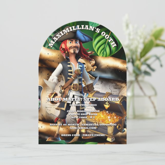 Pirate captain treasure chest boys theme birthday  einladung (Stehend Vorderseite)