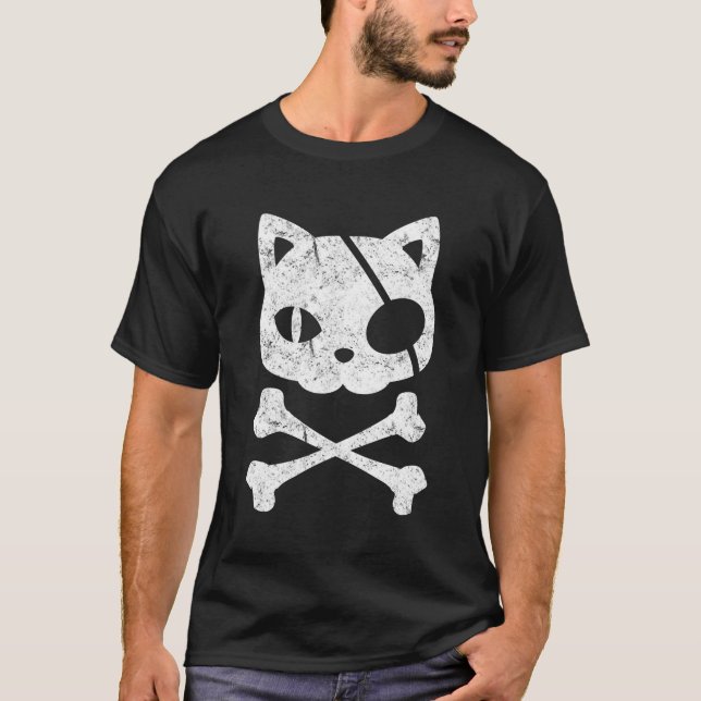 Pirate Cat Kitten Halloween Skull Cross Bones T-Shirt (Vorderseite)
