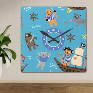 Pirate Cat Pattern für Jungen und Mädchen Quadratische Wanduhr