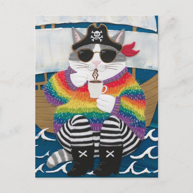 Pirate Cat Regenbogen Fuzzzzi Pullover mit Kaffee Postkarte (Vorderseite)