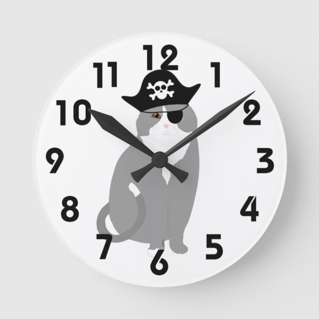 Pirate Cat Wall Clock Runde Wanduhr (Vorderseite)
