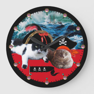 PIRATE CATS AND SHIP IN THE SEA STORM, Pink Gems Große Wanduhr