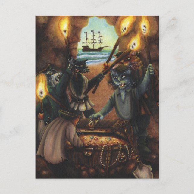 Pirate Cats Treasinsel Cave Fantasy Kunst-Karte Postkarte (Vorderseite)