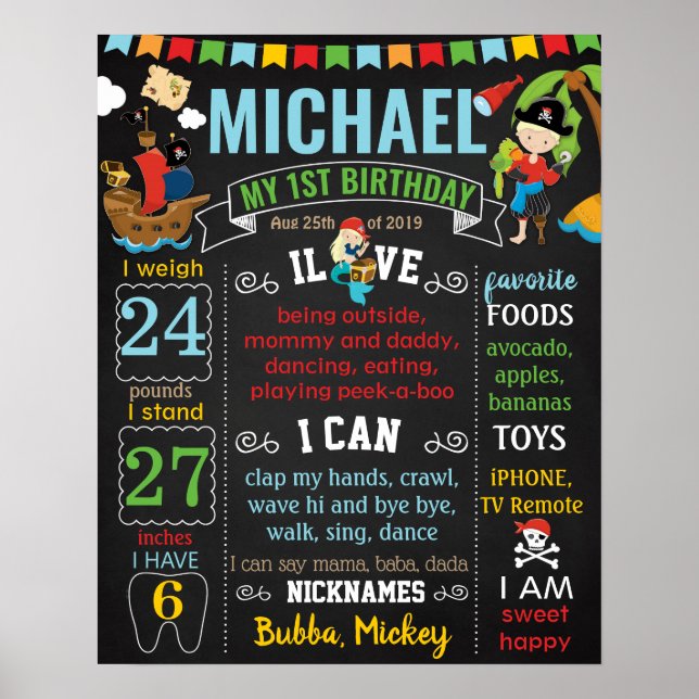 Pirate First Birthday Chalkboard-Zeichen Poster (Vorne)