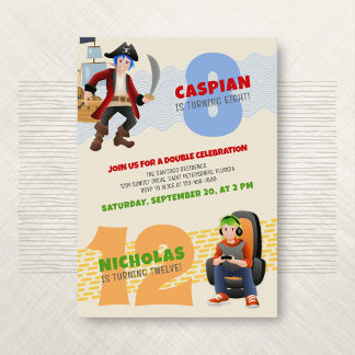 Pirate Gamer Joint Double Birthday Einladung