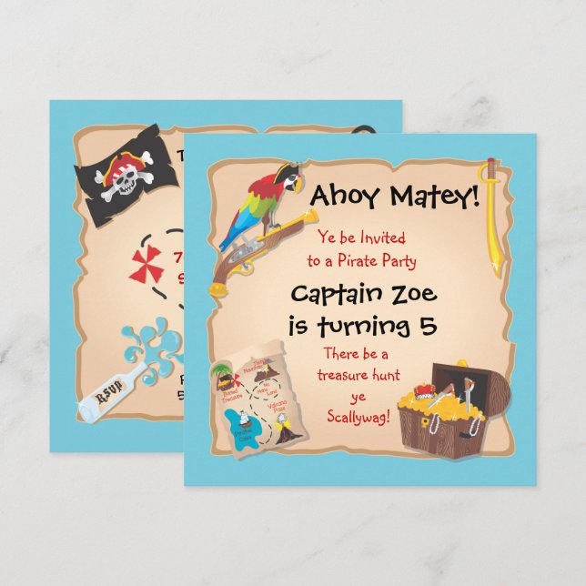 Pirate Geburtstagsparty und Schatzsuche Einladung (Vorne/Hinten)