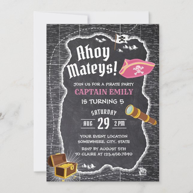 Pirate Girl Birthday Party Chalkboard Karte (Vorderseite)