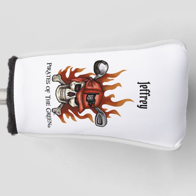 Pirate Golfer Flaming Skull und Crossbones Golf Headcover (Vorderseite)