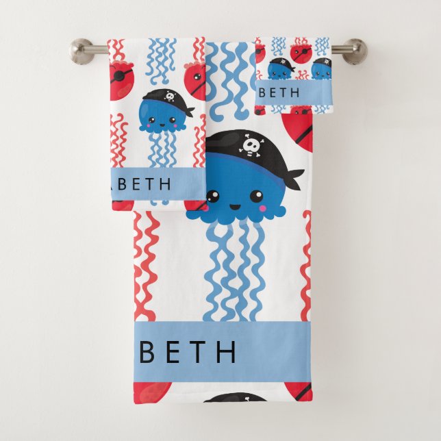 Pirate Jellyfish, Quallen Muster, Ihr Name Badhandtuch Set (Insitu)