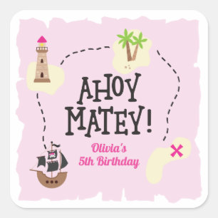 Pirate Map Pink Birthday Quadratischer Aufkleber