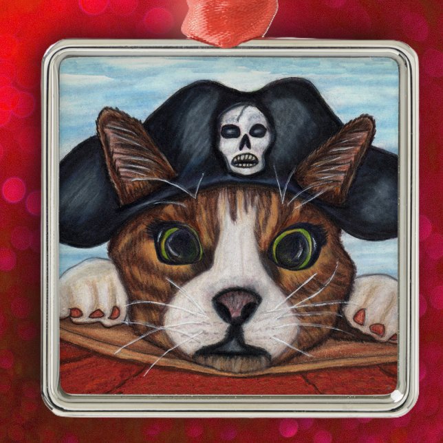 Pirate Niedlich überraschte Katze Silbernes Ornament (cute green eyes cat hanging on boat wearing black pirate hat on hanging ornament.)