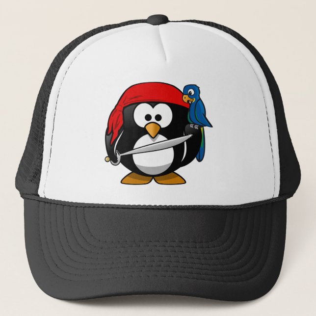 Pirate Penguin mit einer Roten Bandanna und einem  Truckerkappe (Vorderseite)