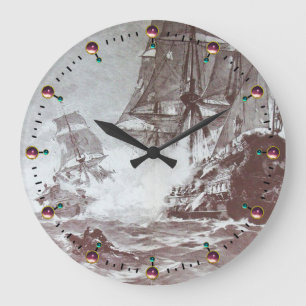 PIRATE SHIP BATTLE Black White Große Wanduhr