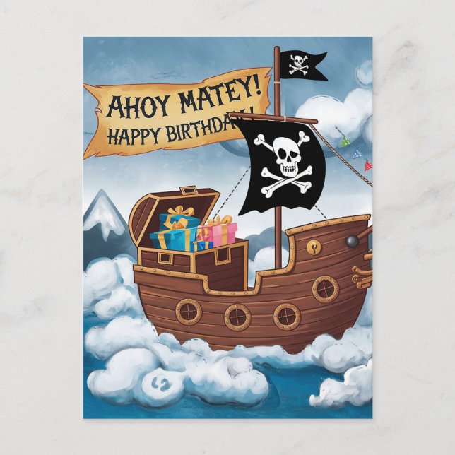 Pirate Ship Birthday Card - Ahoy Matey! Postkarte (Vorderseite)