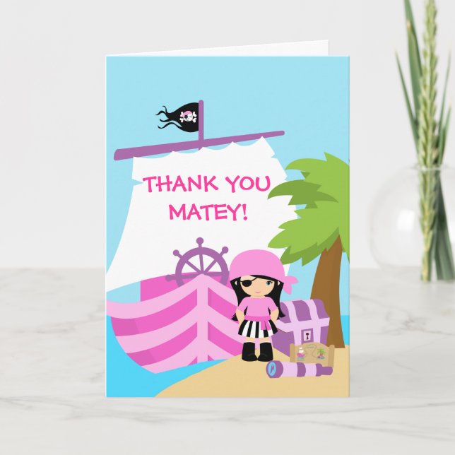 Pirate Ship Girl Birthday Party Thank You Card Dankeskarte (Vorderseite)