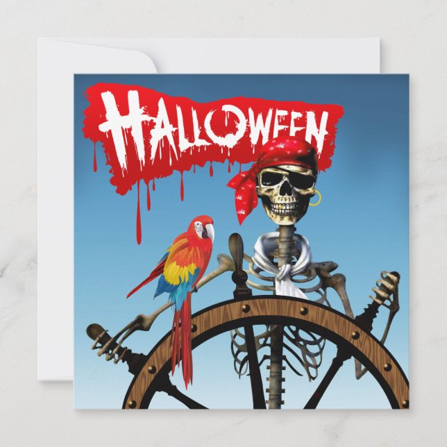 Pirate Skeleton Sailor mit Macaw Halloween-Party Einladung (Vorderseite)