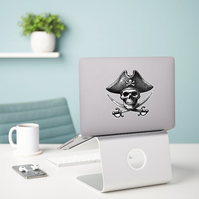 Pirate Skeleton Sticker – Spooky Fun Design (Laptop auf Schreibtisch)
