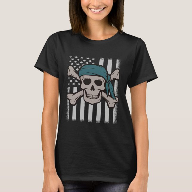 Pirate Skull American Flag Halloween Party Costume T-Shirt (Vorderseite)