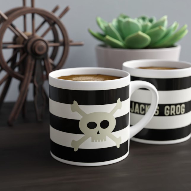 Pirate Skull Black and White Strip Espresso Cup Espressotasse (It's the perfect way to add a little pirate flair to your morning espresso)