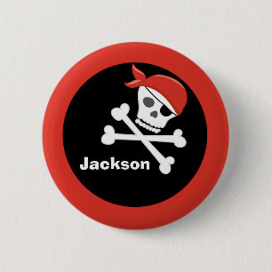 Pirate Skull Crossbones Black Red Monogram Kids Button