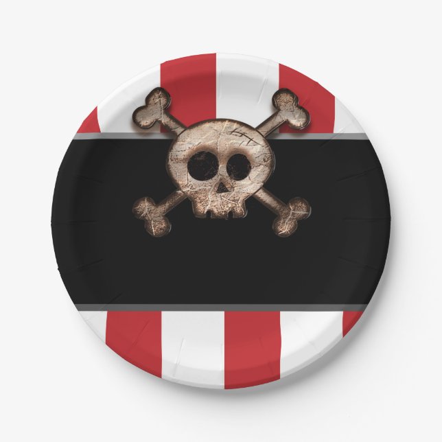 Pirate Skull & Crossbones Red White Birthday Party Pappteller (Vorderseite)