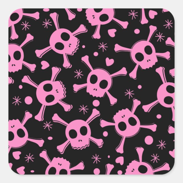 Pirate Skull: Girlish Hearts Pattern Quadratischer Aufkleber (Vorderseite)