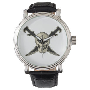 Pirate (Skull) - Vintages  schwarzes Leder  Armbanduhr
