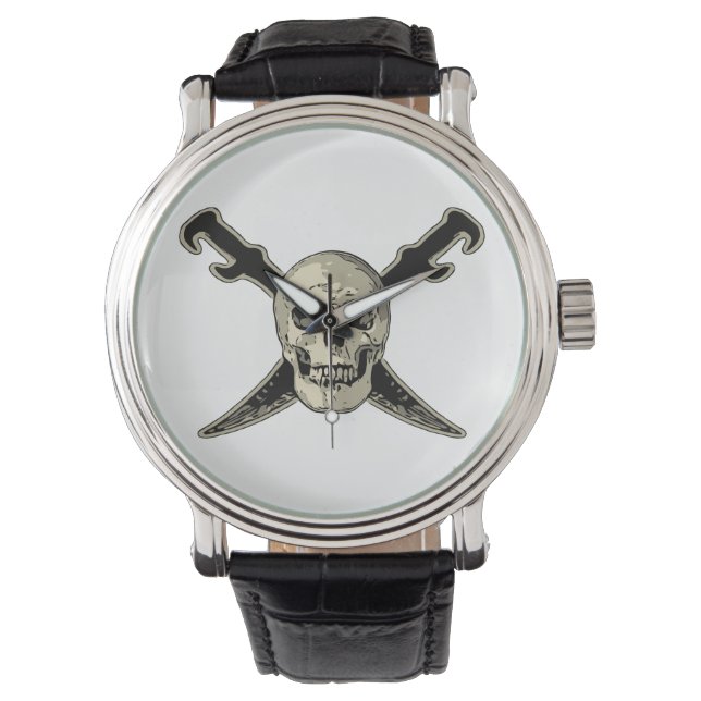 Pirate (Skull) - Vintages  schwarzes Leder  Armbanduhr (Vorderseite)