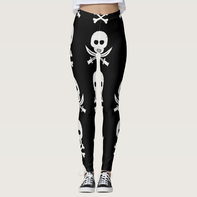Pirate Skulls Crossbones Nahtloses Muster Leggings (Vorderseite)