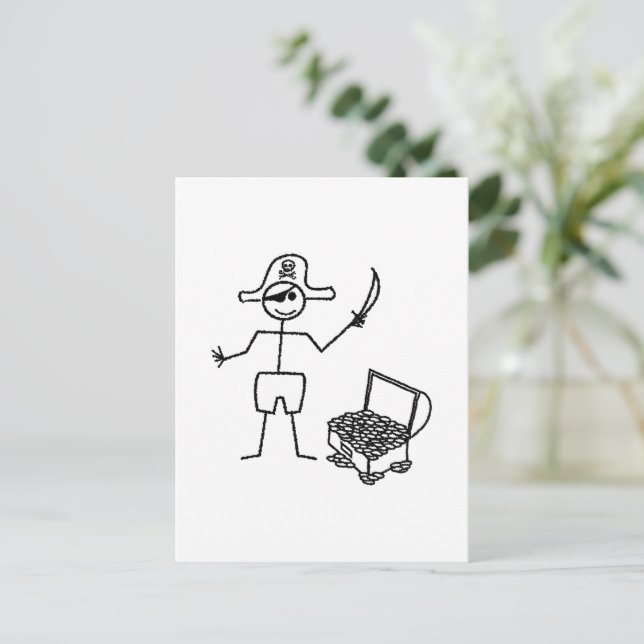 Pirate Stickman mit Schatztruhe Postkarte (Stehend Vorderseite)