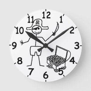 Pirate Stickman mit Schatztruhe Runde Wanduhr