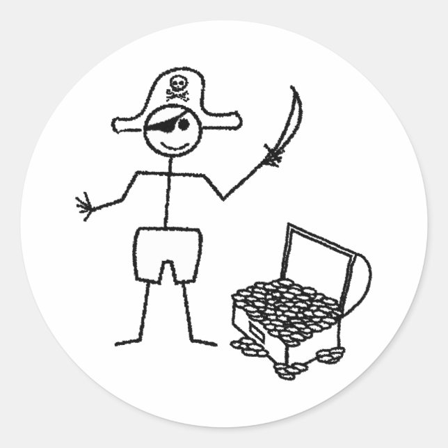 Pirate Stickman mit Schatztruhe Runder Aufkleber (Vorderseite)