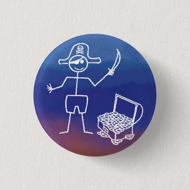 Pirate Stickman mit Schatztruhe Wasserfarbe Button (Vorderseite)